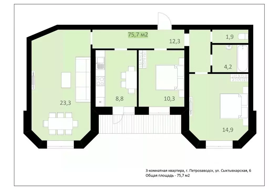 3-к кв. Карелия, Петрозаводск Сыктывкарская ул., 6 (75.7 м) - Фото 1