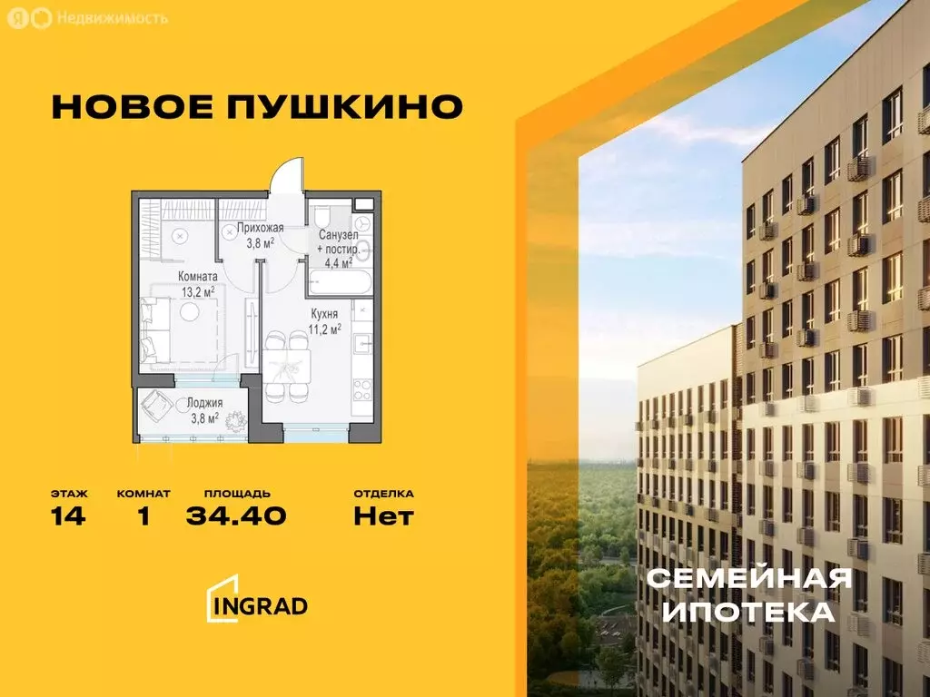 1-комнатная квартира: Пушкино, микрорайон Новое Пушкино, к23 (34.4 м) - Фото 0