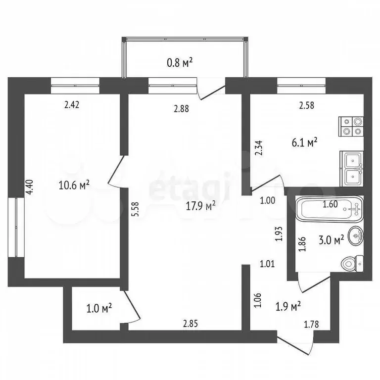 2-к. квартира, 40,5 м, 4/5 эт. - Фото 1