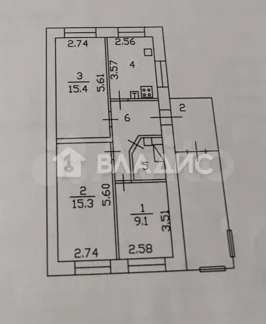 3-к. квартира, 58,3 м, 1/1 эт. - Фото 0