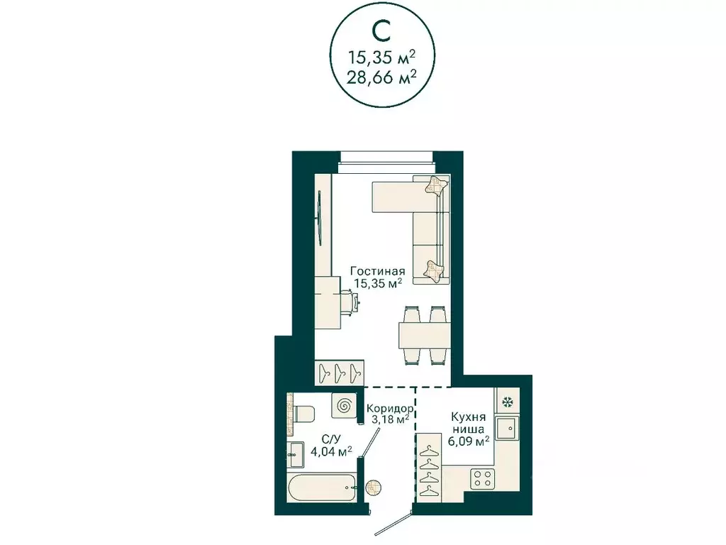 Студия Башкортостан, Уфа Сердце Уфы жилой комплекс (28.66 м) - Фото 2