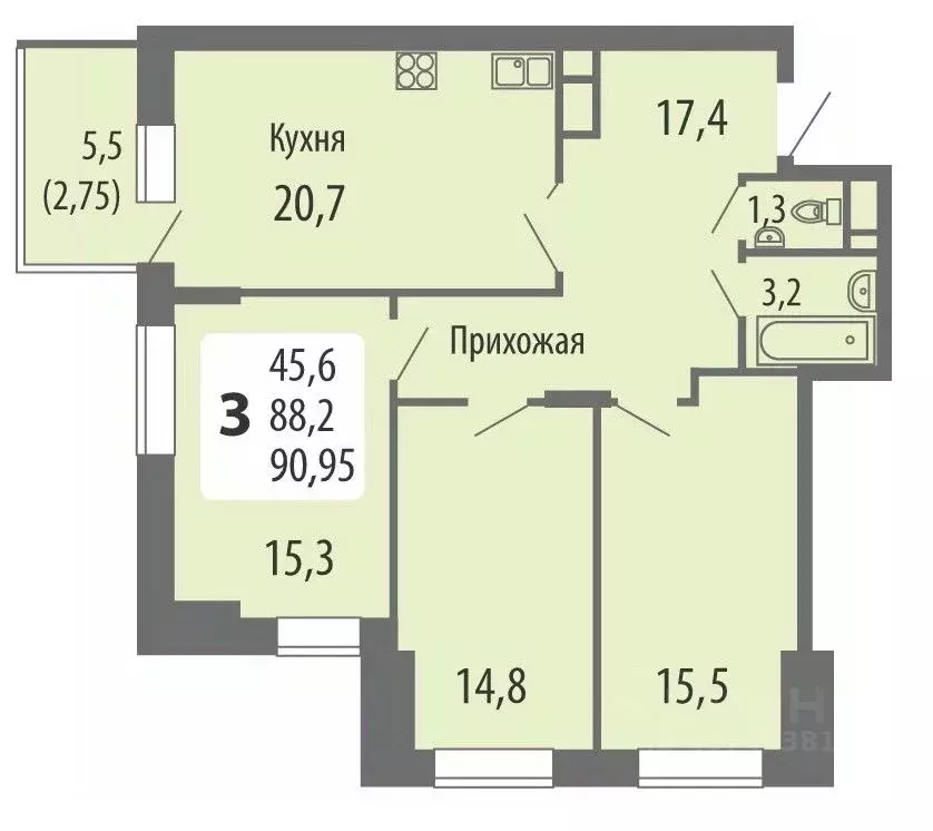 3-к кв. Чувашия, Чебоксары ул. Филиппа Лукина, 16 (90.45 м) - Фото 0