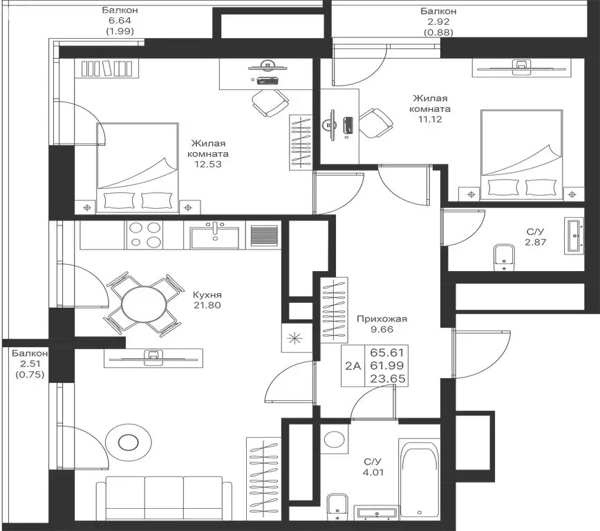 2-комнатная квартира: Казань, ЖК Мой Ритм (65.62 м) - Фото 0