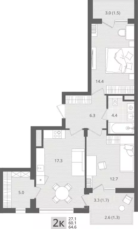 2-к кв. Калининградская область, Пионерский пос. Рыбное,  (64.6 м) - Фото 0