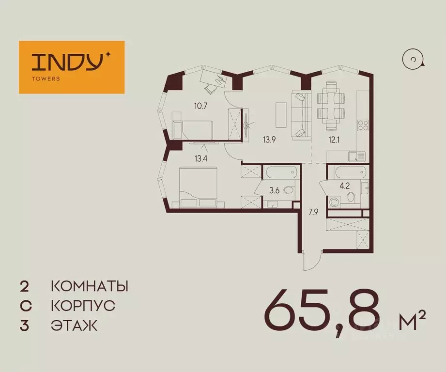 2-к кв. Москва Инди Тауэрс жилой комплекс (65.8 м) - Фото 0