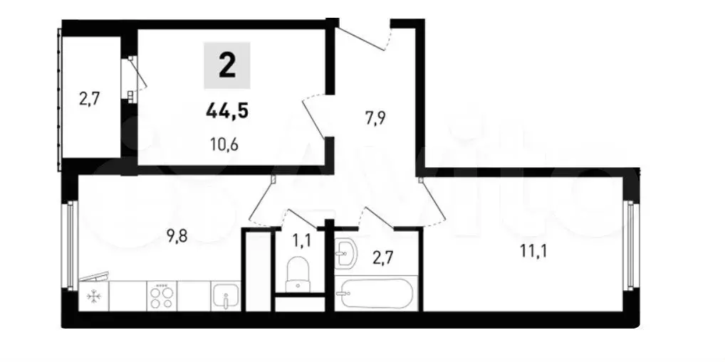 2-к. квартира, 44,5 м, 7/14 эт. - Фото 1