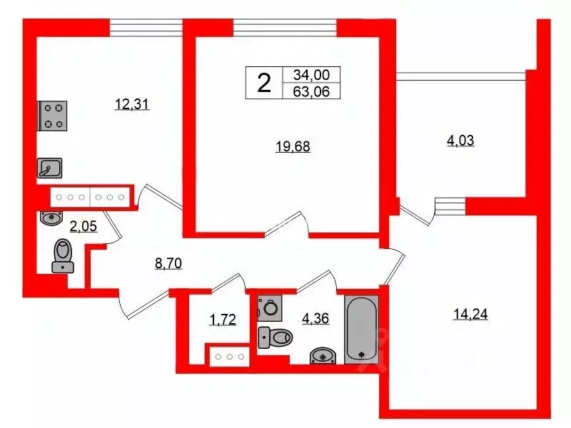 2-к кв. Санкт-Петербург ул. Среднерогатская, 13к1 (63.06 м) - Фото 1