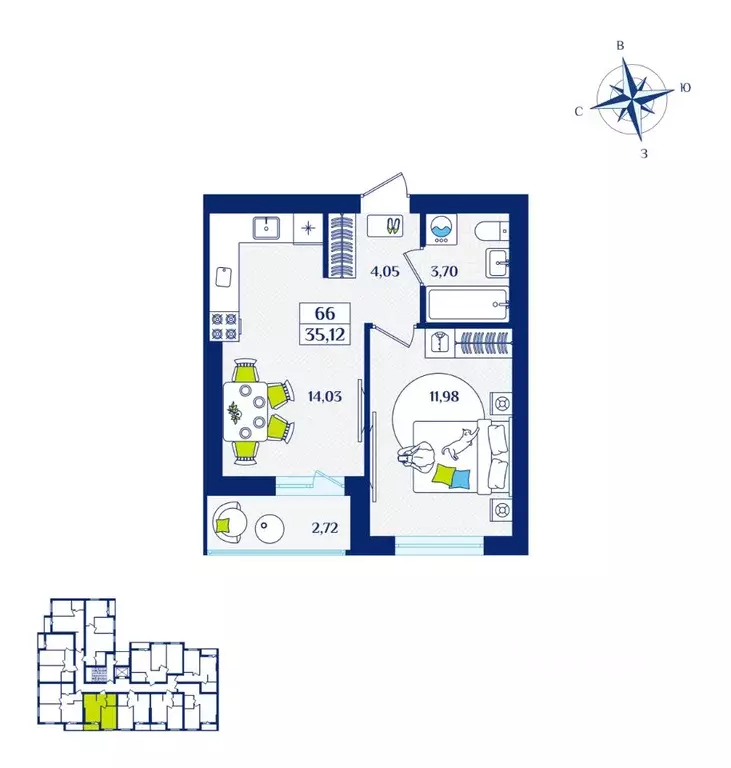 1-к кв. Калининградская область, Зеленоградск  (35.12 м) - Фото 1