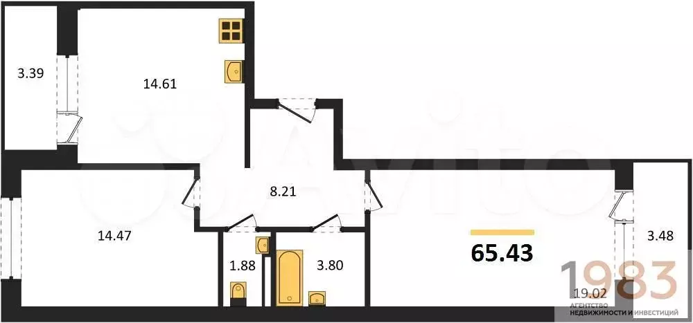 2-к. квартира, 65,4 м, 6/8 эт. - Фото 0