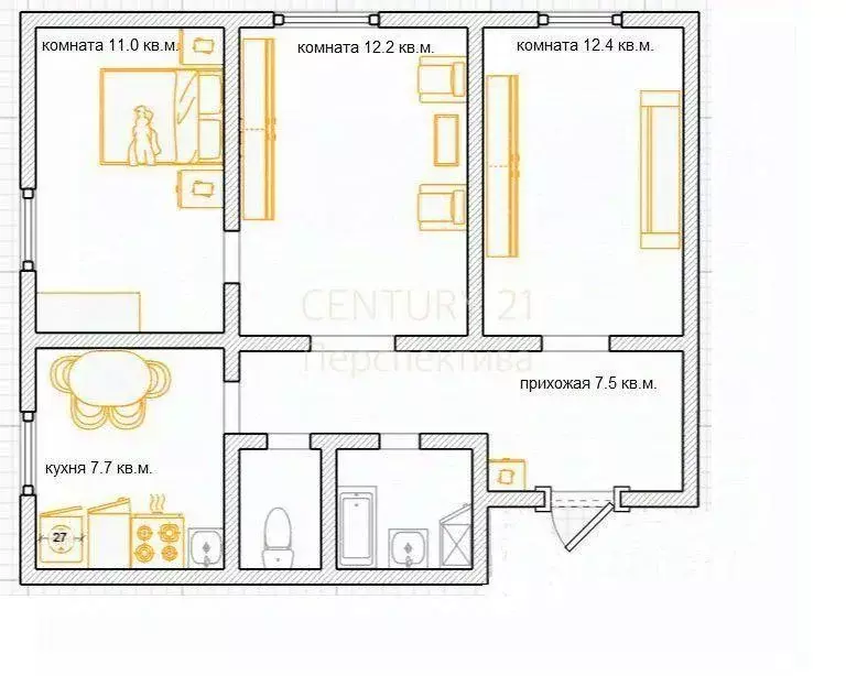 Квартира, 3 комнаты, 55.2 м - Фото 2