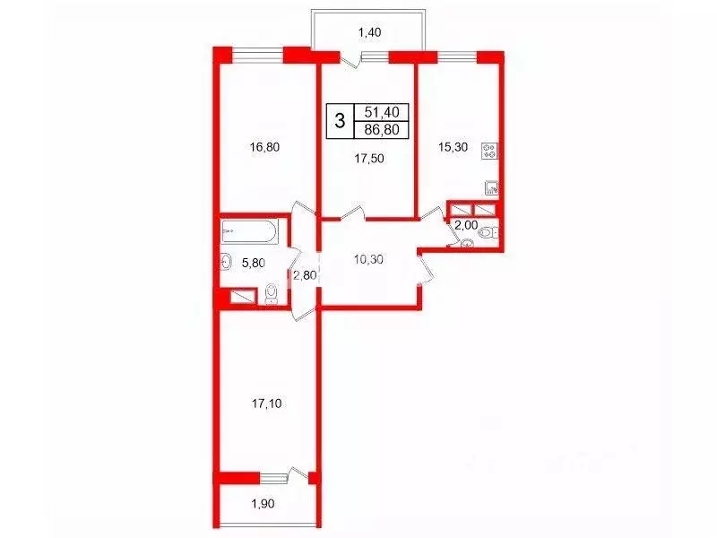 Квартира, 3 комнаты, 86.8 м - Фото 1