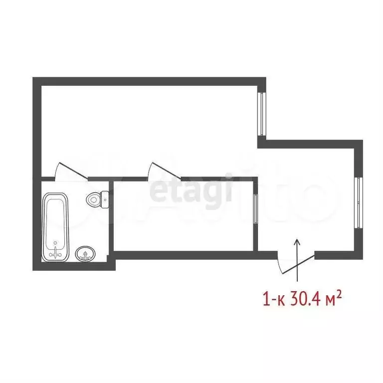 1-к. квартира, 30,4 м, 2/2 эт. - Фото 0