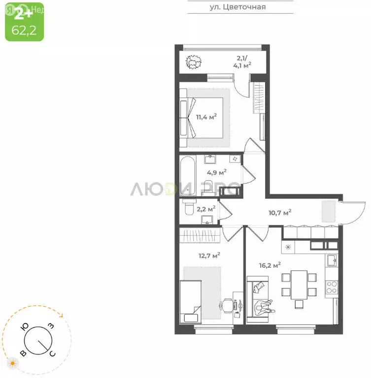 2-комнатная квартира: Тверь, 2-я улица Красина, 64 (62.2 м) - Фото 1