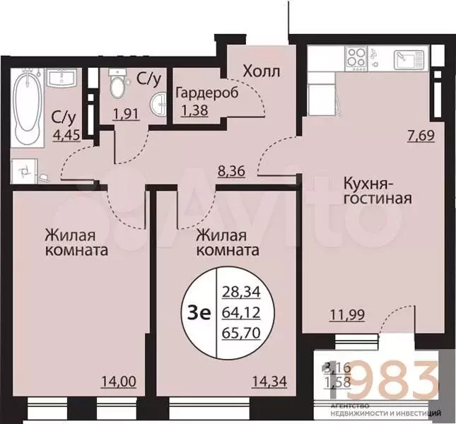 2-к. квартира, 65,7 м, 18/24 эт. - Фото 0