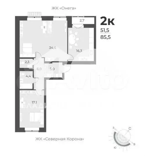 3-к. квартира, 85,5 м, 4/12 эт. - Фото 0