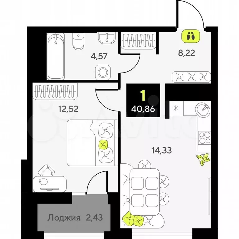 1-к. квартира, 40,9 м, 6/7 эт. - Фото 0