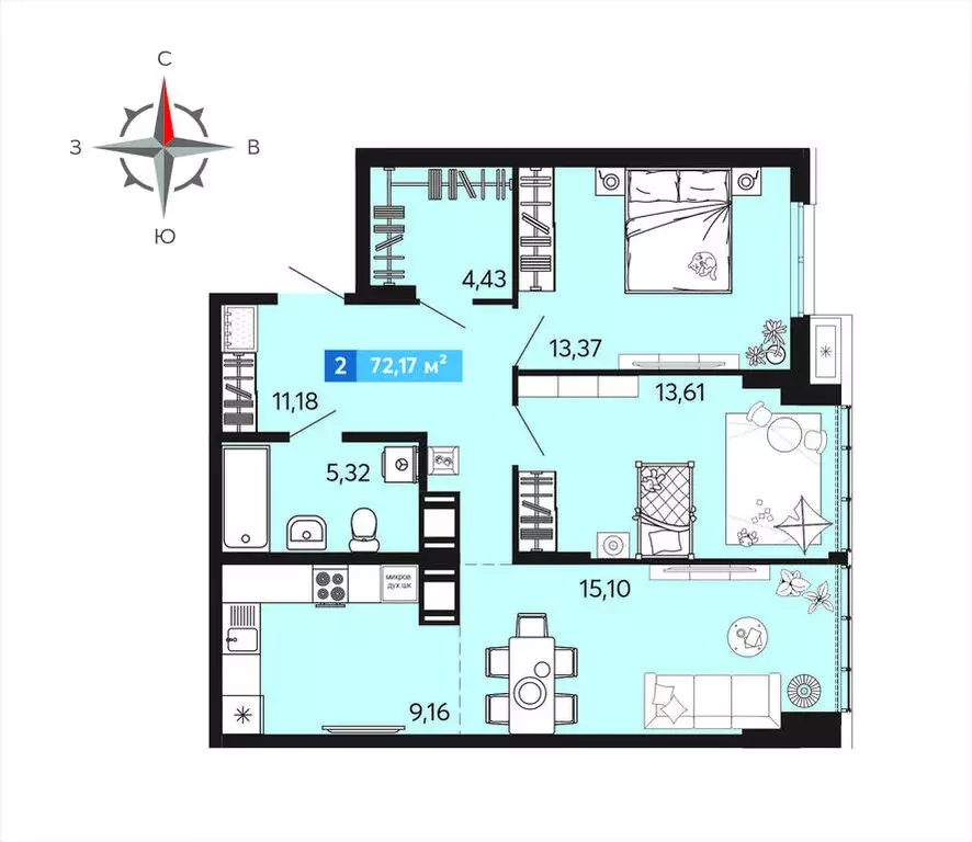 2-комнатная квартира: Засечное, микрорайон Город Спутник (72.17 м) - Фото 0