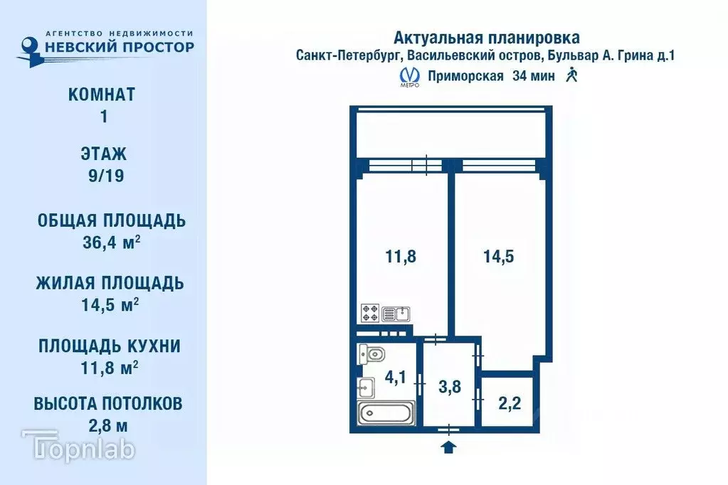 1-к кв. Санкт-Петербург бул. Александра Грина, 1 (36.4 м) - Фото 1