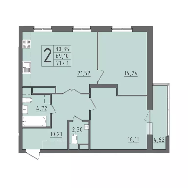 2-к квартира, 71.41 м - Фото 0