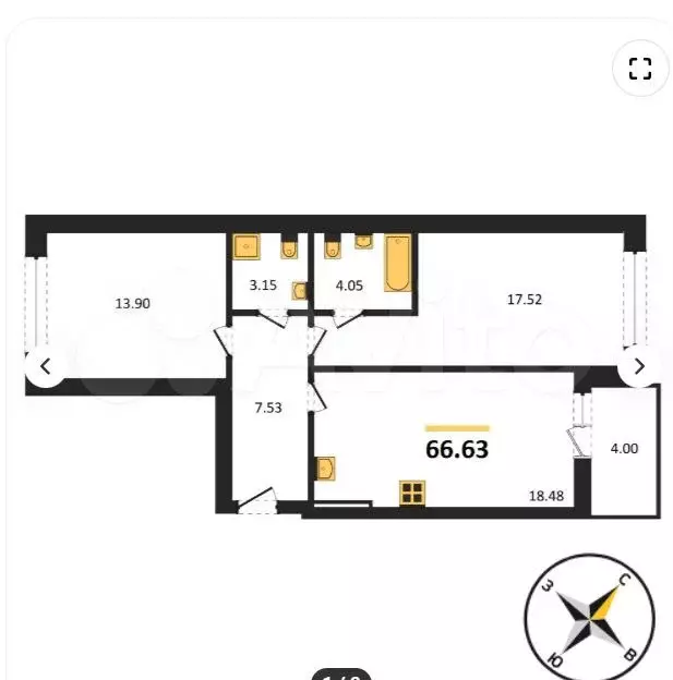 2-к. квартира, 63,4 м, 3/9 эт. - Фото 1
