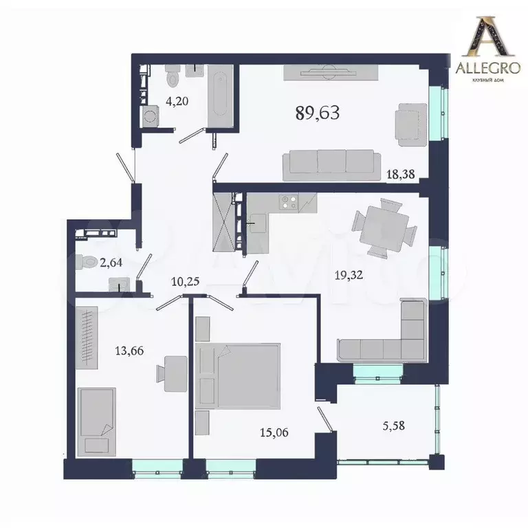 3-к. квартира, 89 м, 5/19 эт. - Фото 0