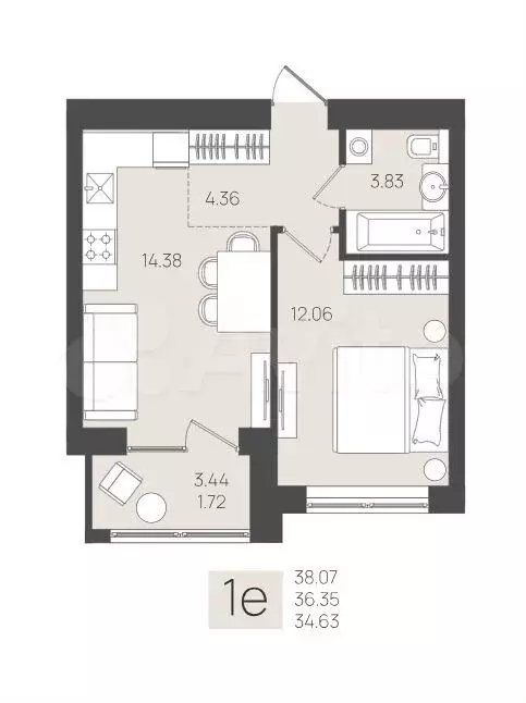 1-к. квартира, 36,4 м, 2/5 эт. - Фото 1