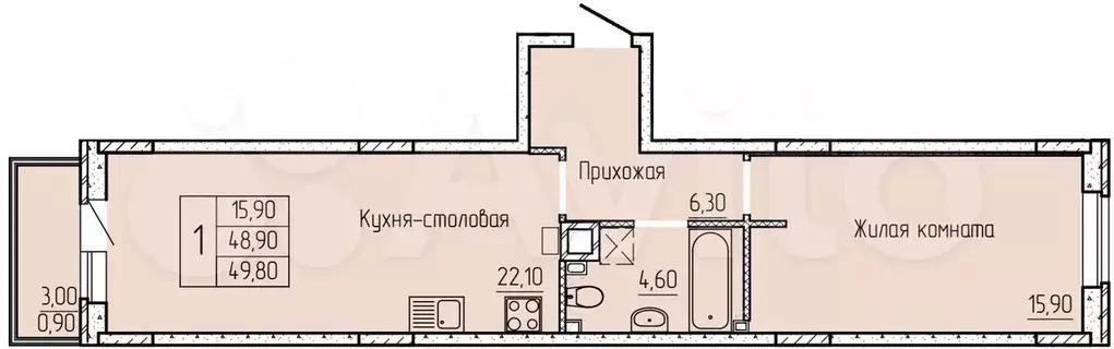 1-к. квартира, 49,8м, 2/4эт. - Фото 0