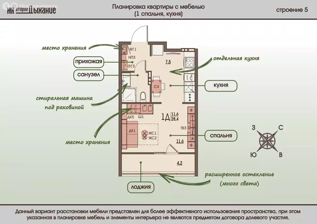 1-комнатная квартира: Засечное, жилой комплекс Второе Дыхание (28.4 м) - Фото 0