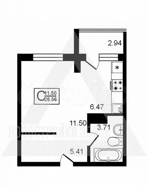 Квартира-студия, 28,6м, 8/8эт. - Фото 1