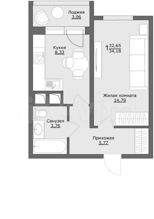 1-к. квартира, 34,2 м, 7/9 эт. - Фото 0