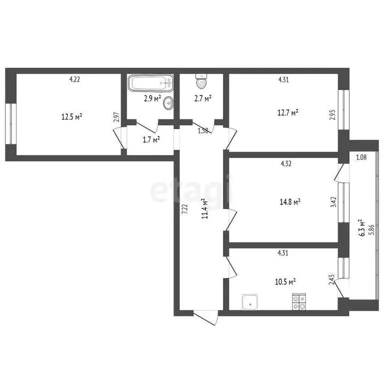 3-комнатная квартира: Тюмень, улица Ю.-Р.Г. Эрвье, 16к1 (71.3 м) - Фото 1