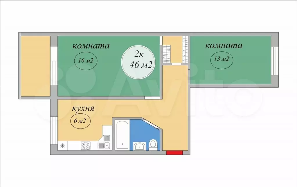 2-к. квартира, 46 м, 1/5 эт. - Фото 0