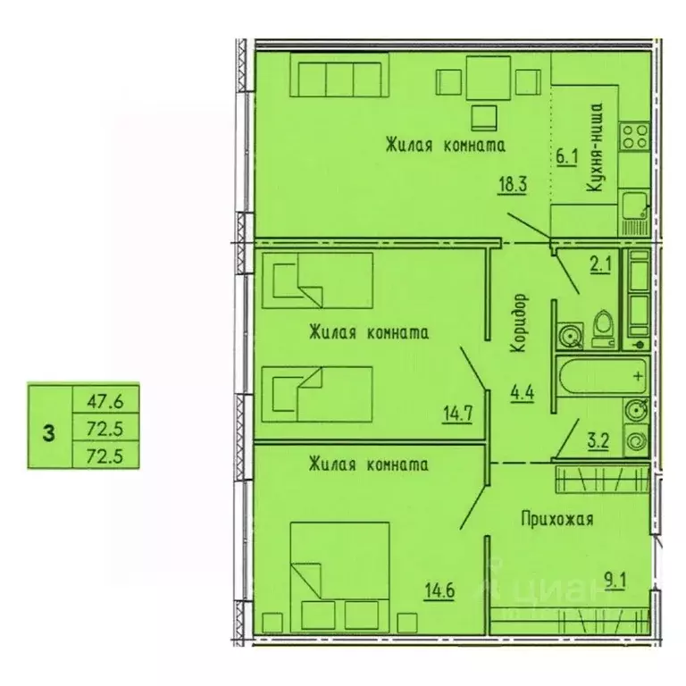 3-к кв. Пензенская область, Пенза ул. Яшиной, 10 (72.5 м) - Фото 0