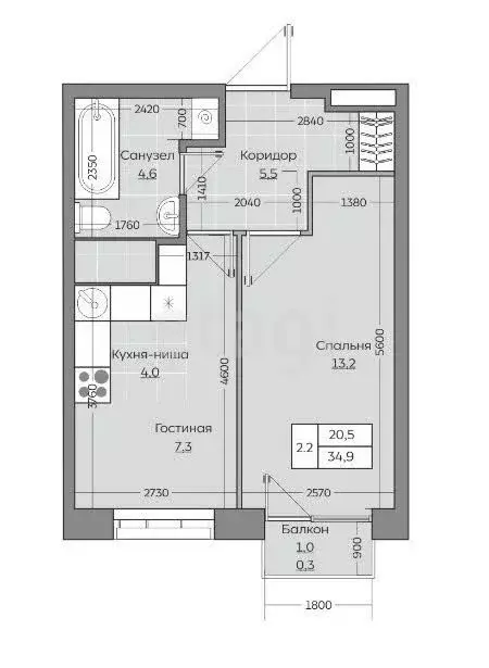 2-комнатная квартира: село Усады, улица Тёплых Встреч, 11 (34.2 м) - Фото 1