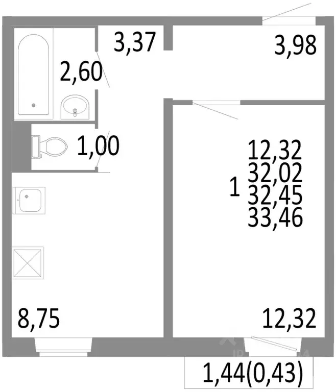 1-к кв. Челябинская область, Челябинск ул. Блюхера, 125В (32.45 м) - Фото 0