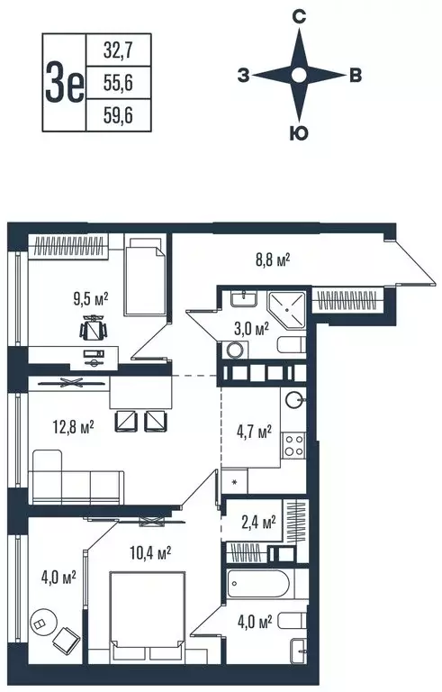 3-комнатная квартира: Владивосток, улица Тухачевского, 33к2 (59.6 м) - Фото 1