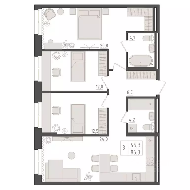 3-к кв. Башкортостан, Уфа 563-й кв-л,  (86.3 м) - Фото 1