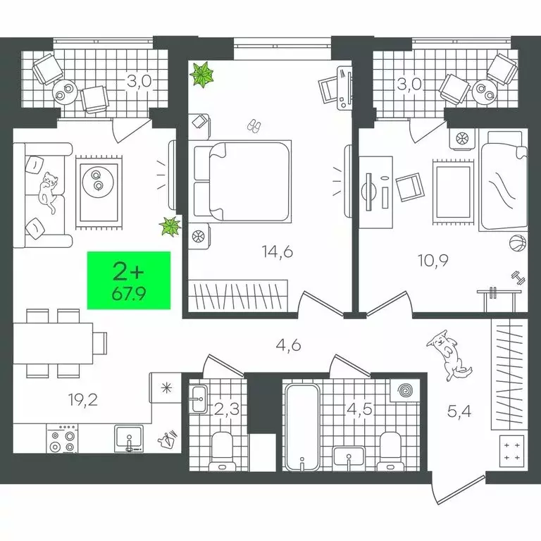 2-комнатная квартира: Тюмень, жилой комплекс Гранд Квартал (67.98 м) - Фото 1