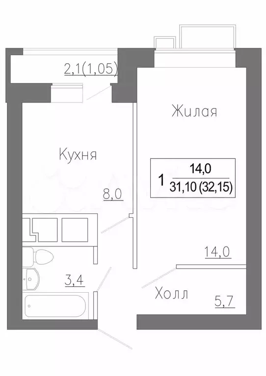 1-к. квартира, 32,1 м, 3/5 эт. - Фото 0