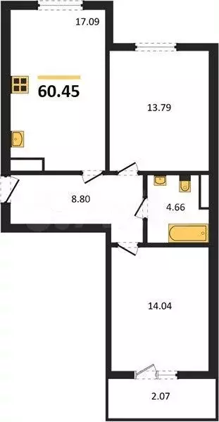 2-к. квартира, 60,5 м, 6/9 эт. - Фото 1