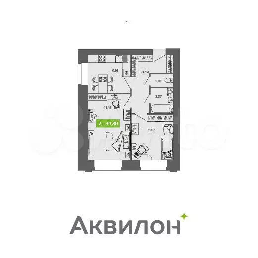 2-к. квартира, 49,8 м, 1/9 эт. - Фото 0