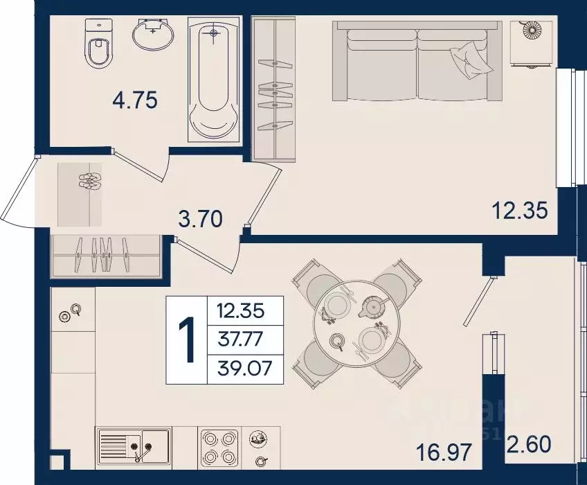 1-к кв. Краснодарский край, Краснодар  (39.07 м) - Фото 1