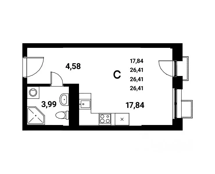 Студия Воронежская область, Воронеж наб. Чуева, 7 (26.41 м) - Фото 1