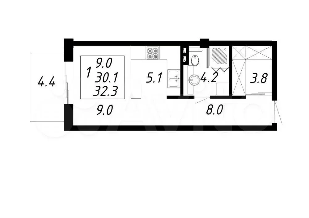 1-к. квартира, 32,3 м, 2/8 эт. - Фото 0
