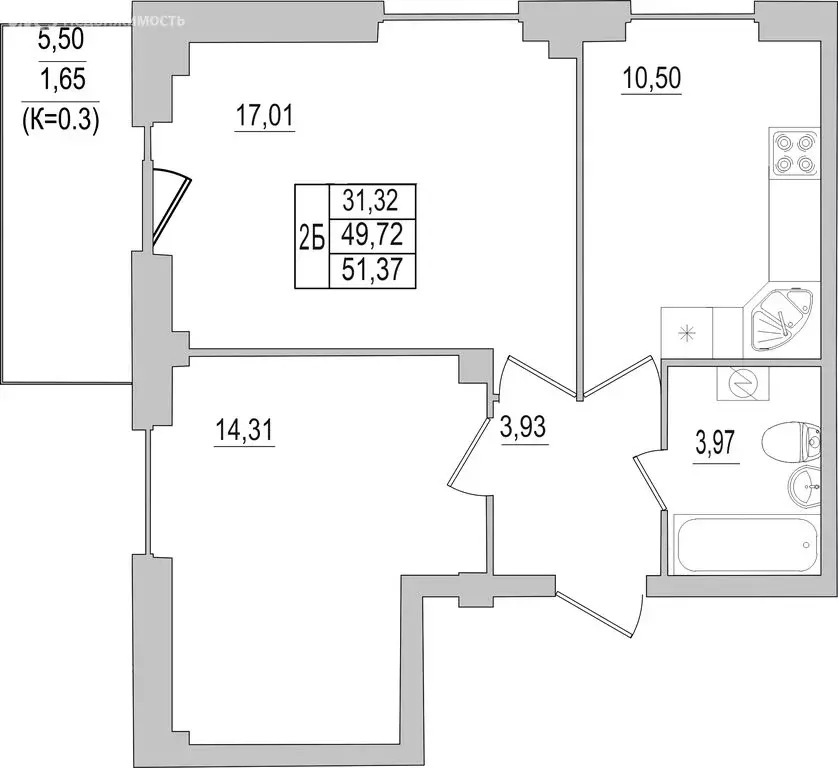 2-комнатная квартира: Псков, улица Юности, 32 (51.37 м) - Фото 0