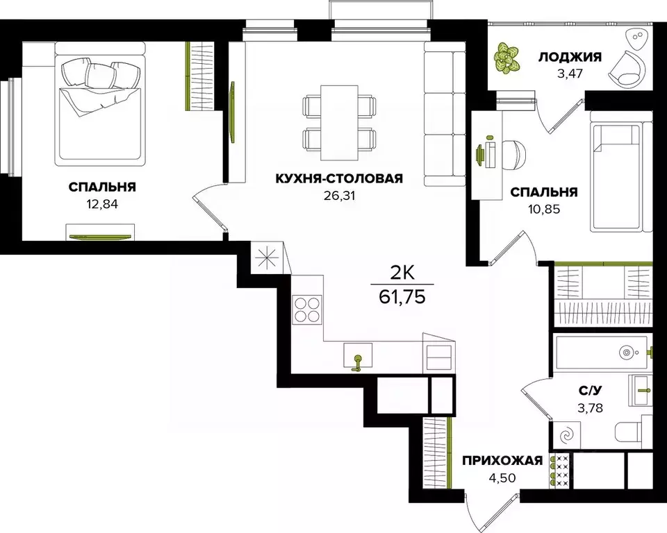 2-к кв. Тульская область, Тула  (61.75 м) - Фото 0