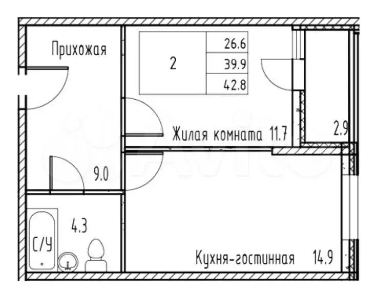 1-к. квартира, 43 м, 7/9 эт. - Фото 0