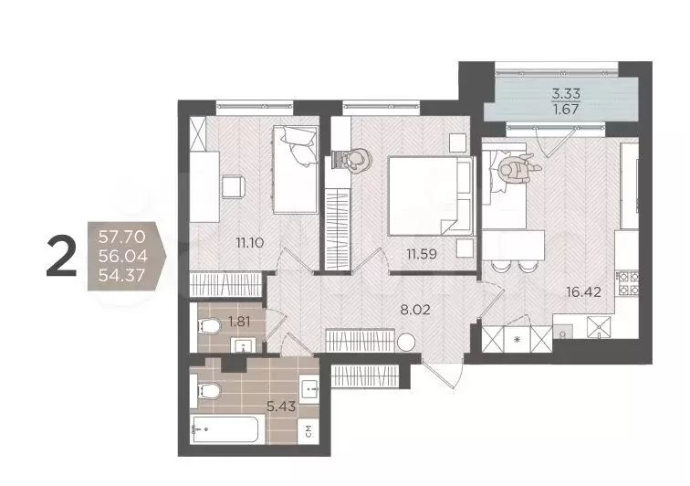 2-к. квартира, 56 м, 1/9 эт. - Фото 1