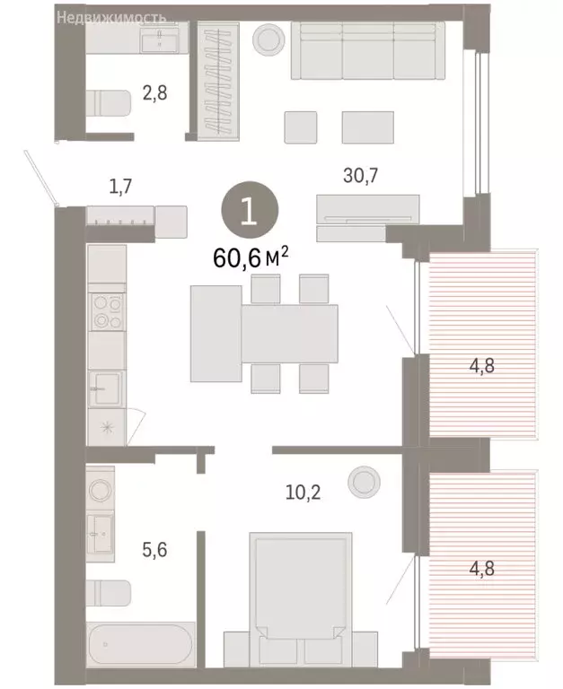 1-комнатная квартира: Новосибирский район, рабочий посёлок Краснообск, ... - Фото 1
