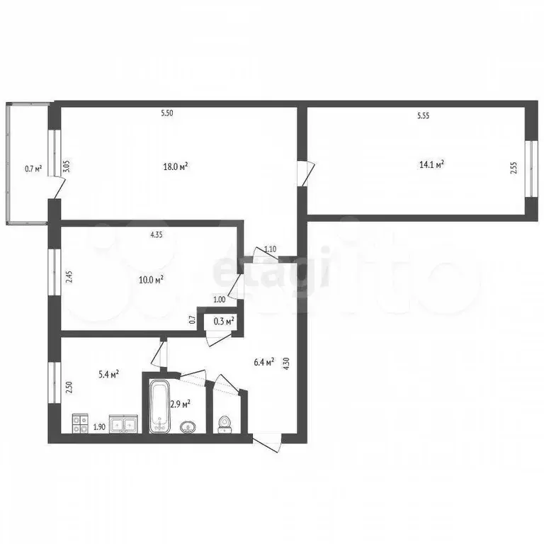 3-к. квартира, 57,1 м, 4/5 эт. - Фото 0